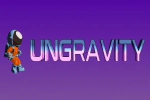 Astronaut v oranžovom a modrom skafandri vedľa nápisu UNGRAVITY na fialovom pozadí