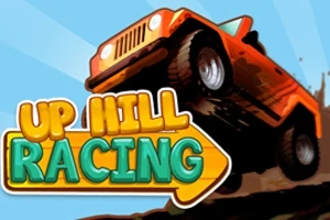 Oranžové terénne auto skáče vo vzduchu na modrom pozadí s nápisom UP HILL RACING v popredí