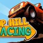 Oranžové terénne auto skáče vo vzduchu na modrom pozadí s nápisom UP HILL RACING v popredí