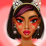 Ilustrácia ženy s krátkymi tmavými vlasmi, čelenkou s uškami, výrazným make-upom a okuliarmi s nápisom love na ružovom pozadí so srdcovým motívom