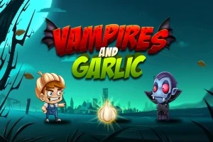 Chlapec s cesnakom na hlave a kreslený upír stoja oproti sebe na tmavomodrom pozadí, medzi nimi je veľký cesnak, s textom „Vampires and Garlic“ hore