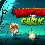 Chlapec s cesnakom na hlave a kreslený upír stoja oproti sebe na tmavomodrom pozadí, medzi nimi je veľký cesnak, s textom „Vampires and Garlic“ hore