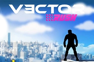 Silueta osoby stojacej na streche budovy s mestom a oblakmi v pozadí, s nápisom VECTOR RUSH v hornej časti