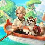 Dvaja ľudia s mývalom v člne na tropickom jazere, pričom jedna osoba drží veslo a druhá ďalekohľad
