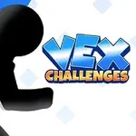 Silueta postavy v pohybe vedľa textu Vex Challenges na modrom a bielom pozadí