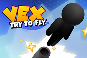 Čierna postavička letí z dela cez modrú oblohu s hviezdami a nápisom „VEX TRY TO FLY