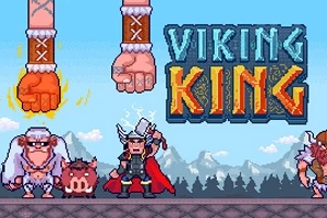 Dvaja kreslení postavičky bojovníkov s vikingskými helmami, veľké ruky a nápis Viking King na pozadí hôr