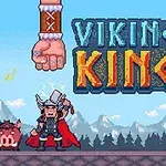 Dvaja kreslení postavičky bojovníkov s vikingskými helmami, veľké ruky a nápis Viking King na pozadí hôr