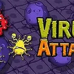 Farebná kresba s nápisom Virus Attack a rôznymi kreslenými postavičkami pripomínajúcimi vírusy na tmavofialovom pozadí