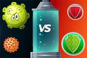 Zobrazuje kreslený vírus a štíty na opačných stranách stredného stĺpa so slovom VS