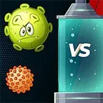 Zobrazuje kreslený vírus a štíty na opačných stranách stredného stĺpa so slovom VS