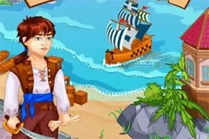Ilustrácia mladého piráta na pláži s mečom, loďou na mori a budovou s červenou strechou na pozadí