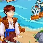 Ilustrácia mladého piráta na pláži s mečom, loďou na mori a budovou s červenou strechou na pozadí