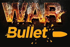 Text s nápisom WAR vo farbe ohňa a Bullet s grafickým motívom náboja na čiernom pozadí