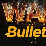 Text s nápisom WAR vo farbe ohňa a Bullet s grafickým motívom náboja na čiernom pozadí