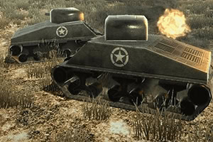 Dva tanky s hviezdou na boku sa nachádzajú v púštnej krajine, pričom jeden z nich strieľa