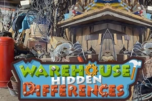 Interiér skladu plný rôznych predmetov s výrazným nápisom „Warehouse Hidden Differences“ v popredí