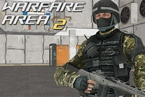 Vojak v uniforme so zbraňou stojí v priemyselnom interiéri s nápisom Warfare Area 2