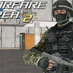 Vojak v uniforme so zbraňou stojí v priemyselnom interiéri s nápisom Warfare Area 2