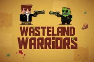 Dvaja pixelovaní postavičky stojace oproti sebe s nápisom Wasteland Warriors na pozadí v pieskovitej farbe