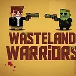 Dvaja pixelovaní postavičky stojace oproti sebe s nápisom Wasteland Warriors na pozadí v pieskovitej farbe