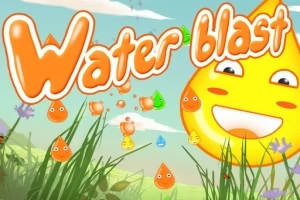 Usmievajúca sa kvapka vody s tvárou obklopená malými farebnými kvapkami na lúke s nápisom Water blast