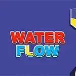 Žltá tekutina tečie cez lievik do malej nádoby, vedľa farebného nápisu Water Flow na modrom pozadí