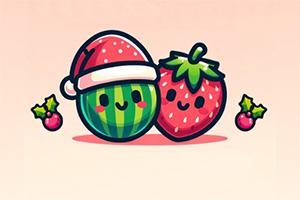 Veselý kreslený melón s čiapkou Santa Clausa vedľa jahody, obklopené vianočnými ozdobami