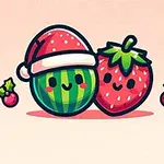 Veselý kreslený melón s čiapkou Santa Clausa vedľa jahody, obklopené vianočnými ozdobami