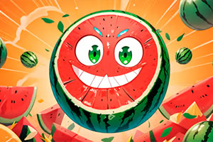 Usmievajúci sa kreslený melón s veľkými očami obklopený ďalšími melónmi a rezmi, na oranžovom pozadí