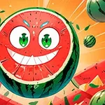 Usmievajúci sa kreslený melón s veľkými očami obklopený ďalšími melónmi a rezmi, na oranžovom pozadí