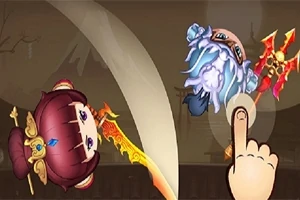 Postavy s karikatúrnym vzhľadom bojujú s magickými zbraňami v bočnom pohľade, pričom jedna z postáv je ovládaná dotykom prsta