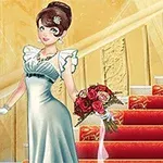Žena v elegantných šatách s kvetmi stojí na červených schodoch
