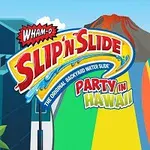 Postava s dlhými hnedými vlasmi v plavkách držiaca farebnú dosku, v pozadí sú hory a nápis Party in Hawaii