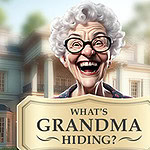 Usmievajúca sa staršia žena s okuliarmi stojí pred veľkým domom s nápisom WHATS GRANDMA HIDING?