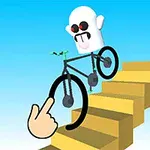 Postavička na bicykli na schodoch s ukazujúcim prstom v modrej oblohe