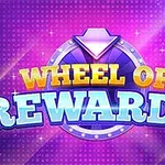 Farebný nápis Wheel of Rewards na fialovom pozadí so svetelnými efektmi