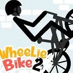 Čiernobiela silueta človeka na bicykli robí jazdu na zadnom kolese pred svetlým tehlovým pozadím s nápisom Wheelie Bike 2