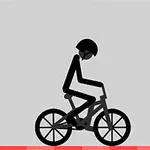 Čierno-biela kresba panáčika na bicykli s červenými pruhmi na spodku na šedom pozadí