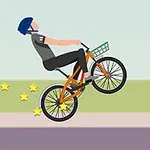 Osoba na bicykli s modrou prilbou jazdí na zadnom kolese v kreslenom prostredí s padajúcimi hviezdičkami