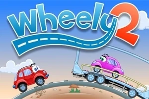 Dvaja kreslení autíčka s očami, červené auto a fialové auto, sú zobrazené na ceste s názvom Wheely 2 v pozadí modrej oblohy s oblakmi