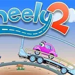 Dvaja kreslení autíčka s očami, červené auto a fialové auto, sú zobrazené na ceste s názvom Wheely 2 v pozadí modrej oblohy s oblakmi