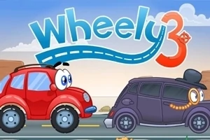 Červené auto s očami vedľa fialového auta s klobúkom na ceste pod modrou oblohou