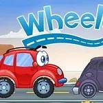 Červené auto s očami vedľa fialového auta s klobúkom na ceste pod modrou oblohou