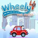 Červené autíčko s očami pred mestskou panorámou na modrom pozadí s nápisom Wheely 4 Time Travel
