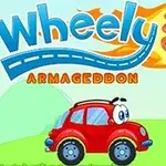 Červené kreslené autíčko s očami a názvom Wheely 5 Armageddon na farebnom pozadí s mlynom
