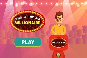 Animovaný chlapec stojí pri hernom pulte s nápisom MILIONÁR na scéne so svetlami a divákmi v pozadí