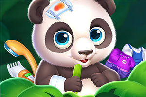 Roztomilá kreslená panda s lekárskou náplasťou na hlave a oblečením v pozadí, drží zelenú tyčinku