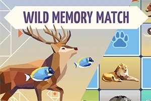 Nízkopoly prepracované zvieratá ako jeleň a ryba na farebnom pozadí s názvom Wild Memory Match