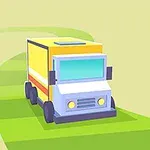 Žltý nákladný automobil s modrým predným sklom jazdí po zelenej ceste na svetlom pozadí
